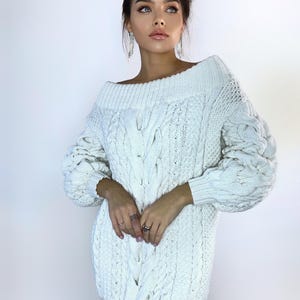 Hand knit sweater dresses for women White off shoulder sweater dress Long Cable wool sweater Knitted one shoulder dress Big cozy pullover