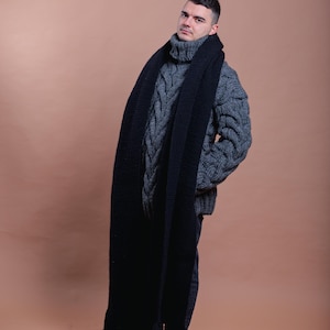Ready Black Huge Men’s Wool Knit Scarf, Oversized Chunky Wrap ,Warm Handmade Winter Shawl