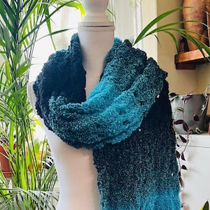 Fashionable stylish big long shawl turquoise-black colors neck shoulders wrap chunky hand loose knit fringed shawl/Gift for Her